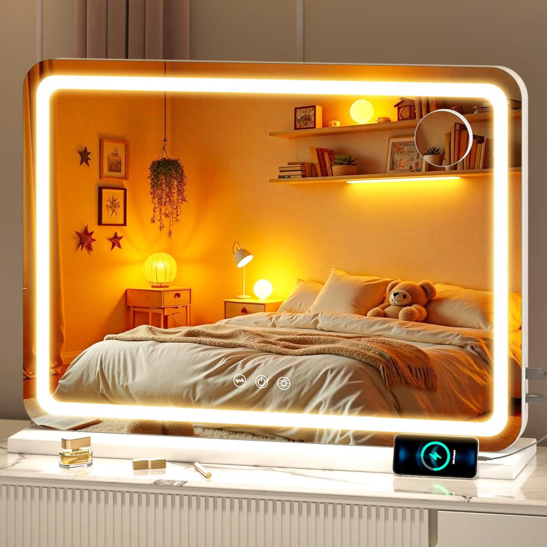 Batuso Vanity Mirror with Lights, 23" x 18" LED Makeup Mirror with 10X Magnification, Dimmable 3 Modes, Memory Function, Smart Touch, USB Charging Port, Lighted Makeup Mirror Round White