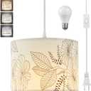 Plug in Pendant Light, 15 FT Hanging Lamp with Plug in Cord, On/Off Switch, Flower Fabric Shade, 3 Color Bulb Hanging Light Fixture for Bedroom, Living Room Dining