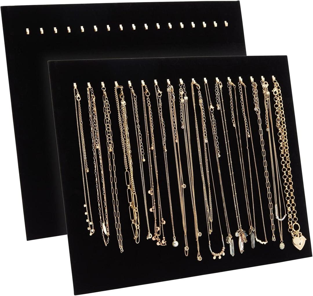 Genie Crafts 2 Pack Jewelry Display for Selling, Black Velvet Boutique Necklace Stands Boards with Hooks for Pop Up Shop (15 x 12 x 4.5 In)