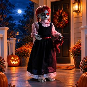 Quntis 35Inch Scary Halloween Animatronic Outdoor Decoration, Sound & Touch Activated Creepy Haunted Girl with Moving Head and Hand, Glowing Red Eye, Spooky Sounds, Weighted Base, No Assembly Required