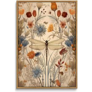 Framed Vintage Dragonfly Canvas Wall Art Picture Boho Natural Poster Prints Farmhouse Cottagecore Wall Decor for Living Room Bedroom 16x24in