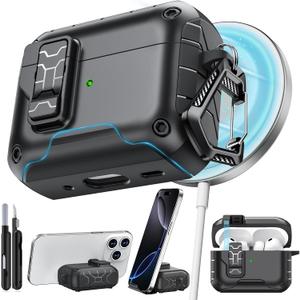 Pohgelan for AirPods Pro 3 Case (2025) with Phone Stand & Cleaning Kit,Compatible with Magsafe,Magnetic Automatic Lock Cover for AirPods Pro 3rd Generation, Black
