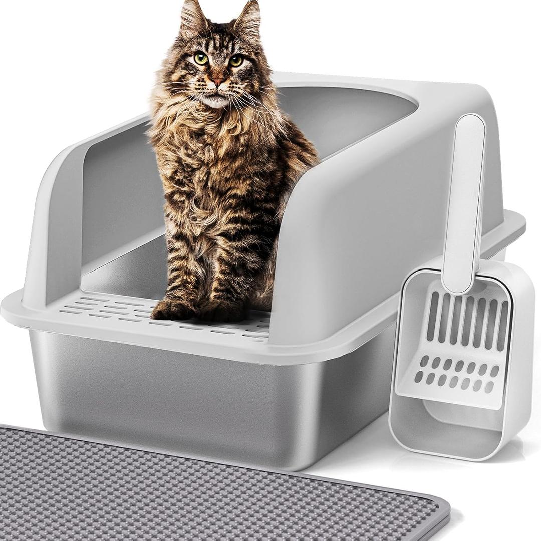 Henkelion Stainless Steel Cat Litter Box with Lid, 20" L x 14.2" W x 11.8" H, Extra Large Litter Box for Big Cats with High Sided, Anti-Urine Leakage, Easy Cleaning, Include Cat Mat and Scoop