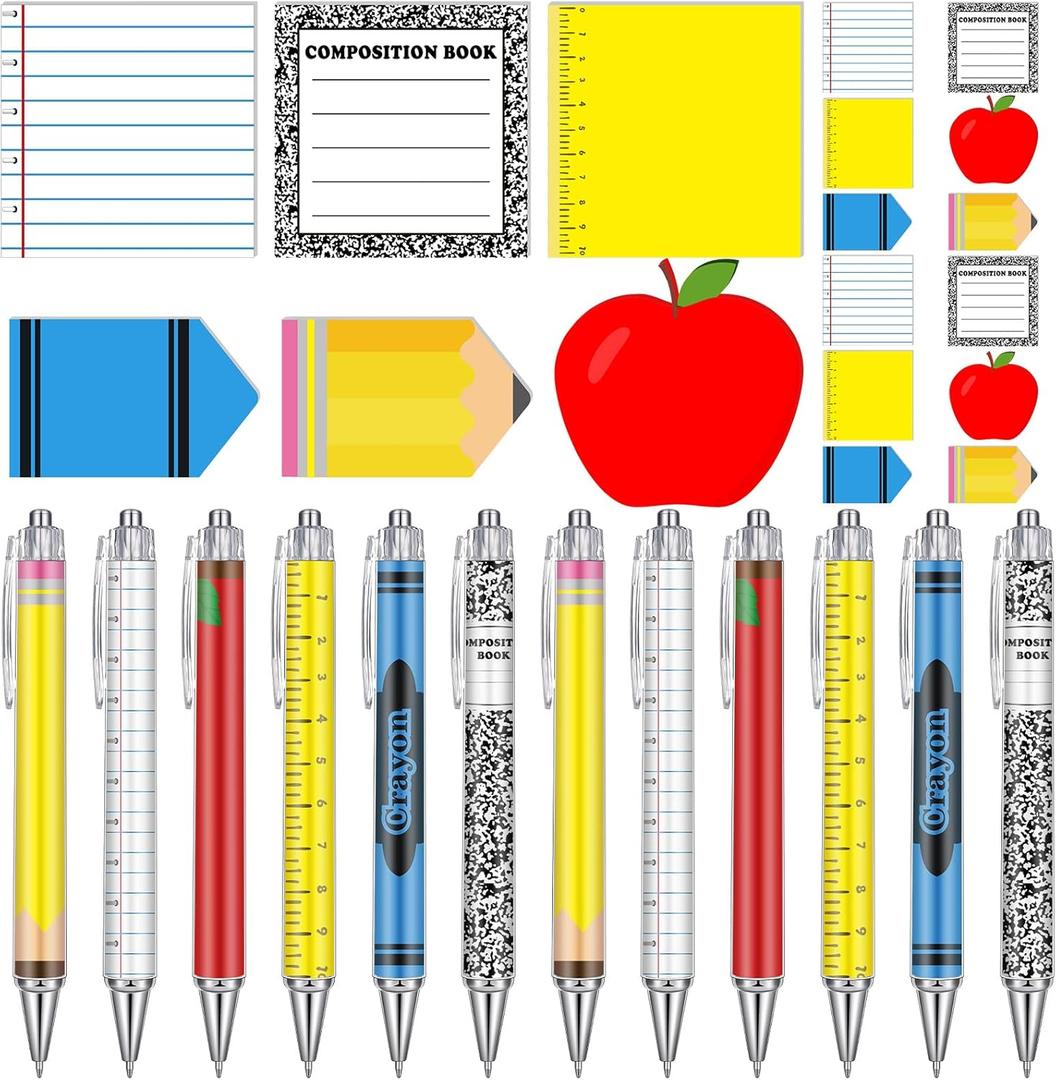 Thenshop 24 Pcs Teacher Appreciation Week Gifts Funny Teacher Sticky Notes Ballpoint Pen Notepad Self Adhesive Writing Thank End of Year Gifts for Employee Office Supplies (Schoolstyle)