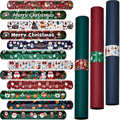 Lewtemi 24 Pcs Christmas Wrapping Paper Roll Holder Clips, 8.7 x 1.2 in Holiday Gift Wrap Gadgets Flip Paper Holder Slap Bands Metal Clamps Strips 12 Designs for Xmas Poster Storage Organize(Cute)