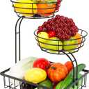 Winmien 3 Tier Countertop Fruit Vegetable Basket Bowl Storage, Solid Metal Kitchen Counter Organizer for Storing Fruits, Veggies, Bread, Snacks (Black)