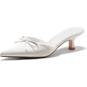 Coutgo Womens Kitten Heels Mules with Bow Satin Slip on Pumps Closed Pointed Toe Dress Wedding Party Shoes (8.5, White)