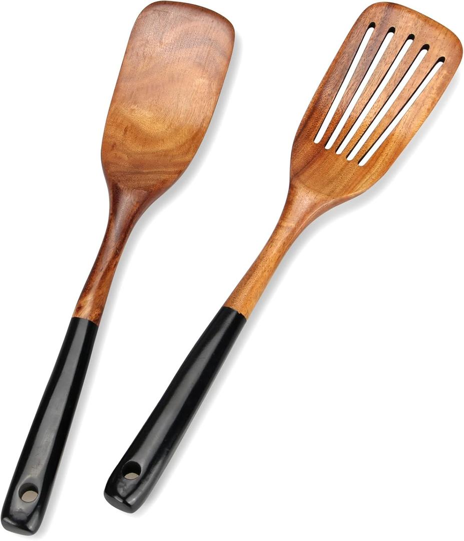 Ayiaren 2 Pcs Wooden Spatula Set for Cooking Non Toxic Teak Kitchen Utensils Slotted Pancake Turner Flat Wood Wok Spatulas Bamboo Spoon for Cooking Utensil Set Spurtle Scraper Black Fish Egg Flipper Spatula