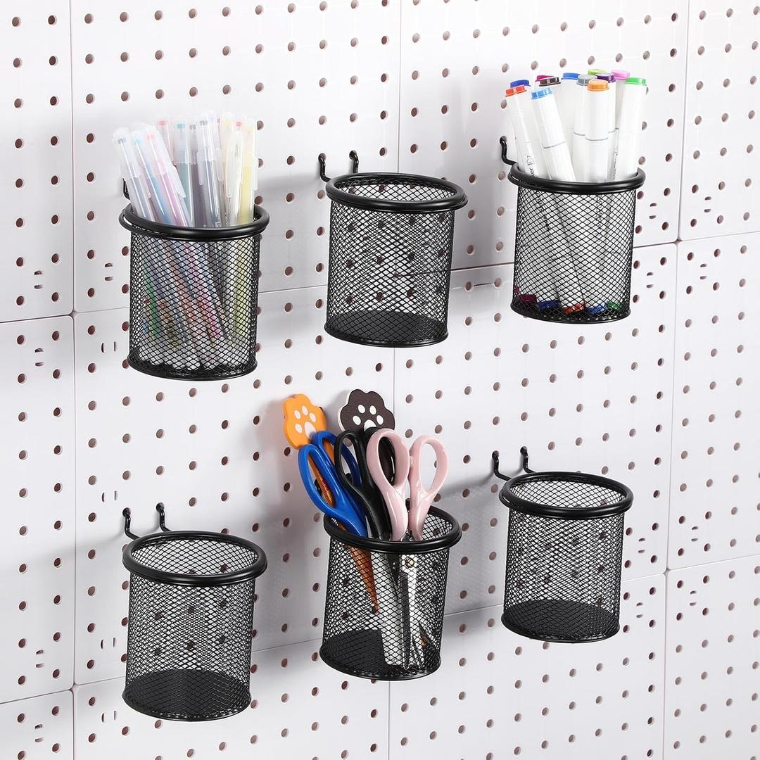 Spakon 6 Sets Pegboard Cups with Ring Hook, Peg Board Baskets Bin Holder Organizer Accessories Pegboard Pencil Cup Multipurpose Metal Pen Holder for Office Garage(Black,2.95x2.95x3.74'',Straight)