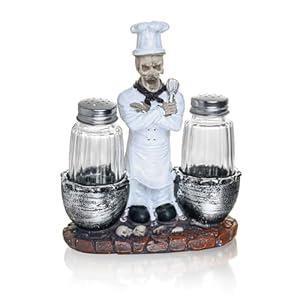 Decorative Salt and Pepper Shakers Set - Resin Skeleton Chef Figurine And Statues - Farmhouse Kitchen DéCor with Glass Spice Jars