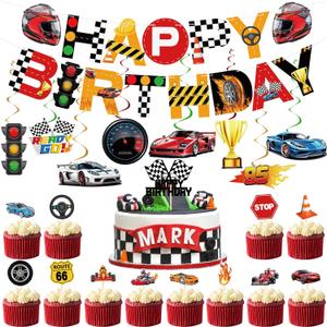 29 Pcs Race Car Birthday Party Banner, Race Car Party Decorations Include Racing Logo Gas Station Checked Flag Birthday Party Supplies Boy Kid Baby Gift Party Supplies