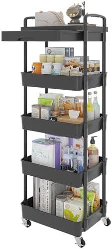 Calmootey 5-Tier Rolling Utility Cart with Drawer, Multifunctional Storage Organizer with Plastic Shelf & Metal Wheels, Storage Cart for Kitchen, Bathroom, Living Room, Office, Black