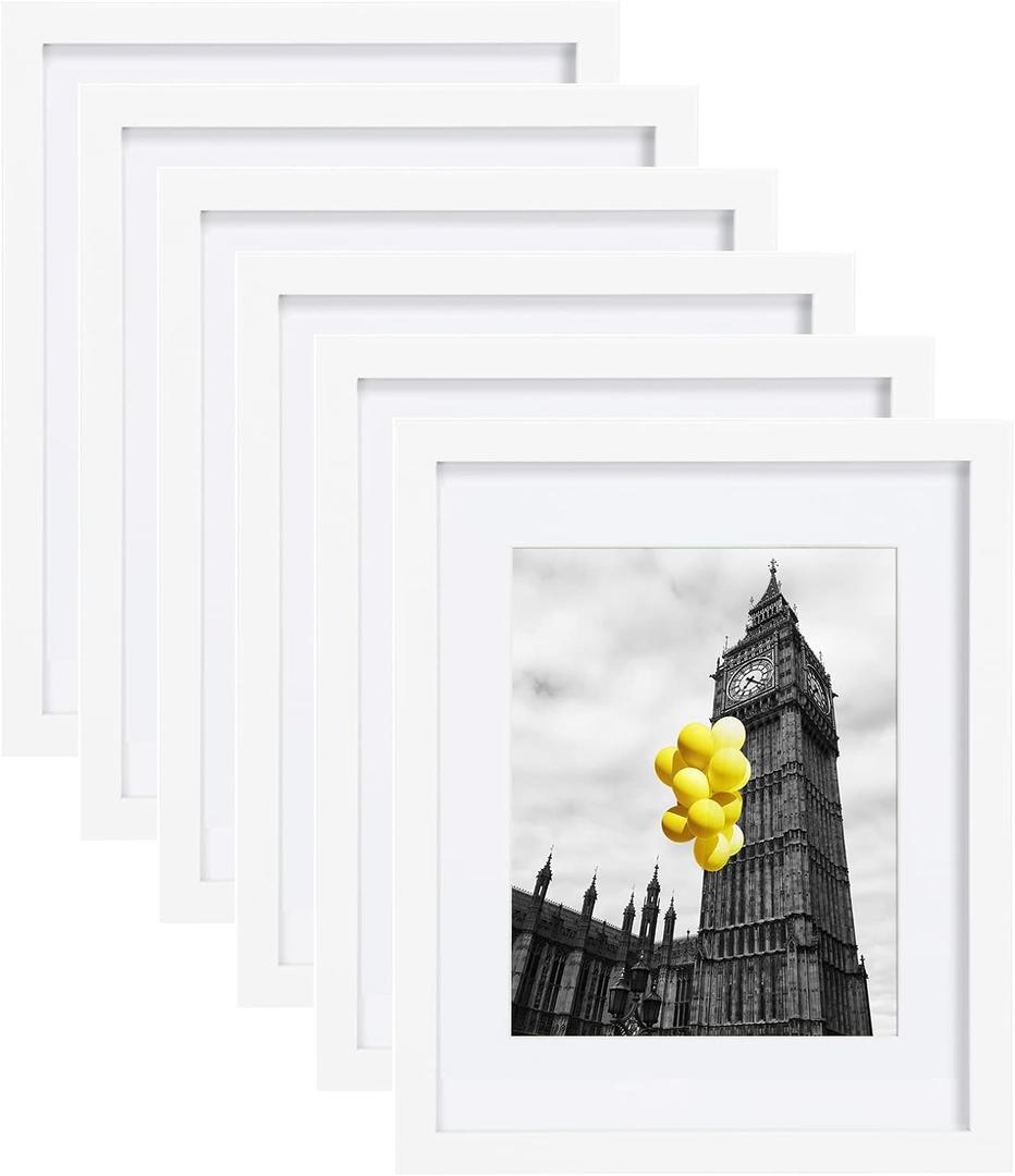 11x14 Picture Frame Set of 6 with Plexiglass, Display Pictures 8x10 with Mat or 11x14 Without Mat for Tabletop Display and Wall Mounting, White