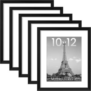 upsimples 10x12 Picture Frame Set of 5, Display Pictures 7x9 with Mat or 10x12 Without, Wall Gallery Poster Frames, Black