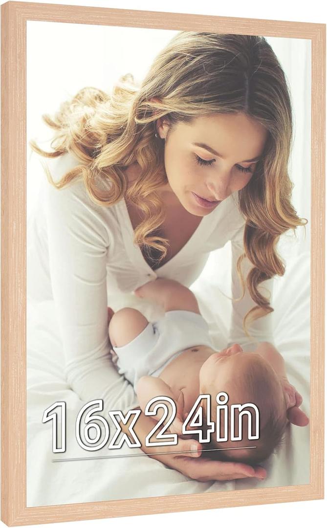 16x24 Frame Natural Woodgrain, 24x16 Picture Frame Beige, Rustic 40x60cm Poster Frame, Large 16 by 24 Gallery Family Concert Portrait Photo Frame Anniversary/Birthday/Wedding/Thank you/Christmas Gift (16x24in, Natural beige)