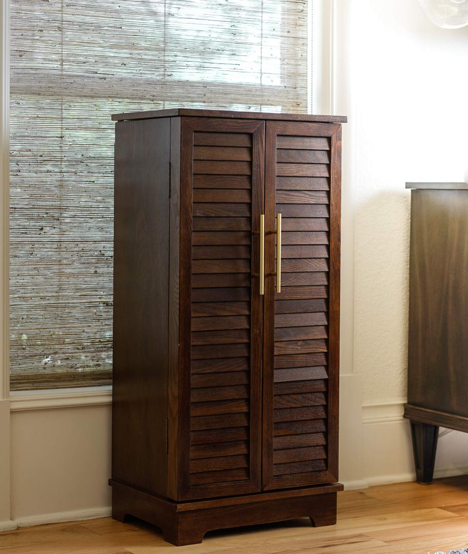 Alveare Home Port Fully Locking Jewelry Armoire  Elegant Storage with Shutter Doors, Gold Hardware, 7 Drawers, Necklace Hooks & Vanity Mirror, Charcoal