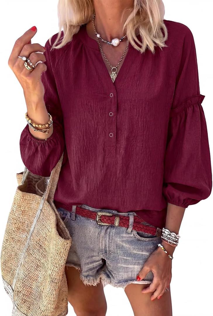 Womens V Neck Button Down Tops Puff Long Sleeve Tunic Blouse Dressy Loose Fit Basic T Shirt Business Casual Work Tops (Red, M)