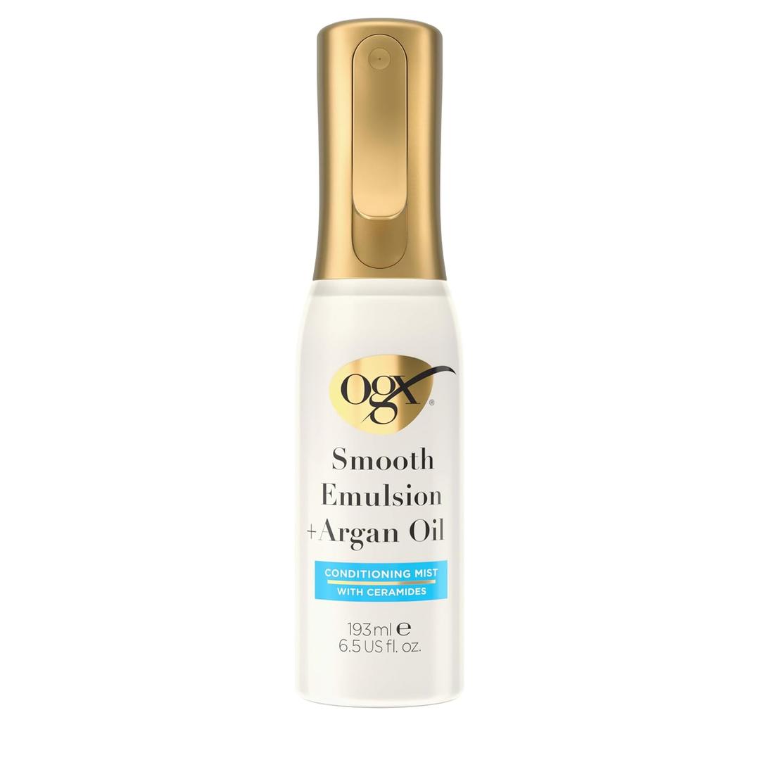 OGX Smooth Emulsion + Argan Oil Conditioning Hair Mist, Damage Repair Spray with Ceramides for 4x Smoother Hair* for up to 48 Hours Without the Weight, 450F Heat Protection, 6.5 fl. oz