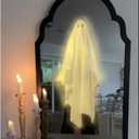 2025 Halloween Hologram Ghost Mirror  LED Spooky Haunted Mirror with Creepy Eyes, Indoor Halloween Wall Decor for Bedroom, Living Room, Fireplace, DIY Haunted House Props (Wavy Border, White Light) (Black-1)