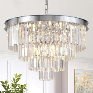 Chrome Crystal Chandelier 24 Modern Chandelier for Dining Room Round Ceiling Pendant Light Fixture 4 Tiers 12 Lights Luxury Large Chandelier for Entryway Living Room Bedroom