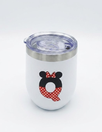 Cute Cartoon Mouse Gifts Initial A-Z Personalized Wine Tumbler Cup, Magic Mouse Printed 12 oz Stainless Steel Coffee Wine Tumbler Cup with Lid for Women Girls Mouse Lover Birthday Christmas Gift (Q)