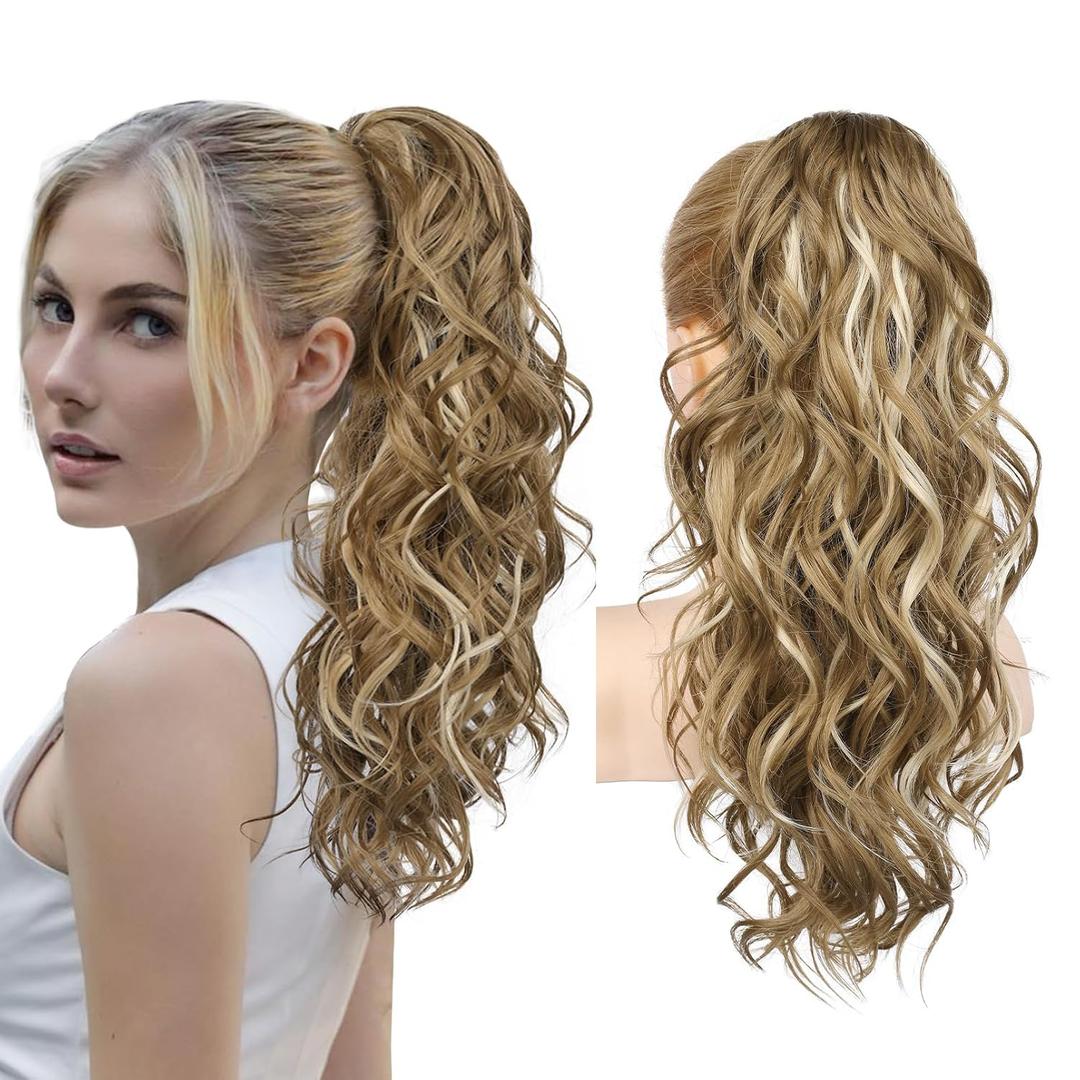 REECHO Ponytail Extension, 18" Claw Clip Ponytail Extension Wavy Ponytails Hair Extensions Jaw Clip on Pony Tails Natural Synthetic Hairpiece for Women Daily, Medium Blonde with Blonde Highlights