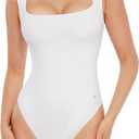 Popilush Bodysuits for Women - Sleeveless Square Neck Thong Bodysuit Tummy Control Going Out Double Lined Tops (Large, White)