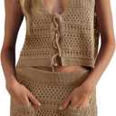 Saodimallsu Womens Crochet Swim Cover Up 2 Piece V Neck Sleeveless Front Tie Crop Tops Beach Mini Skirt Coverup Set (Brown)
