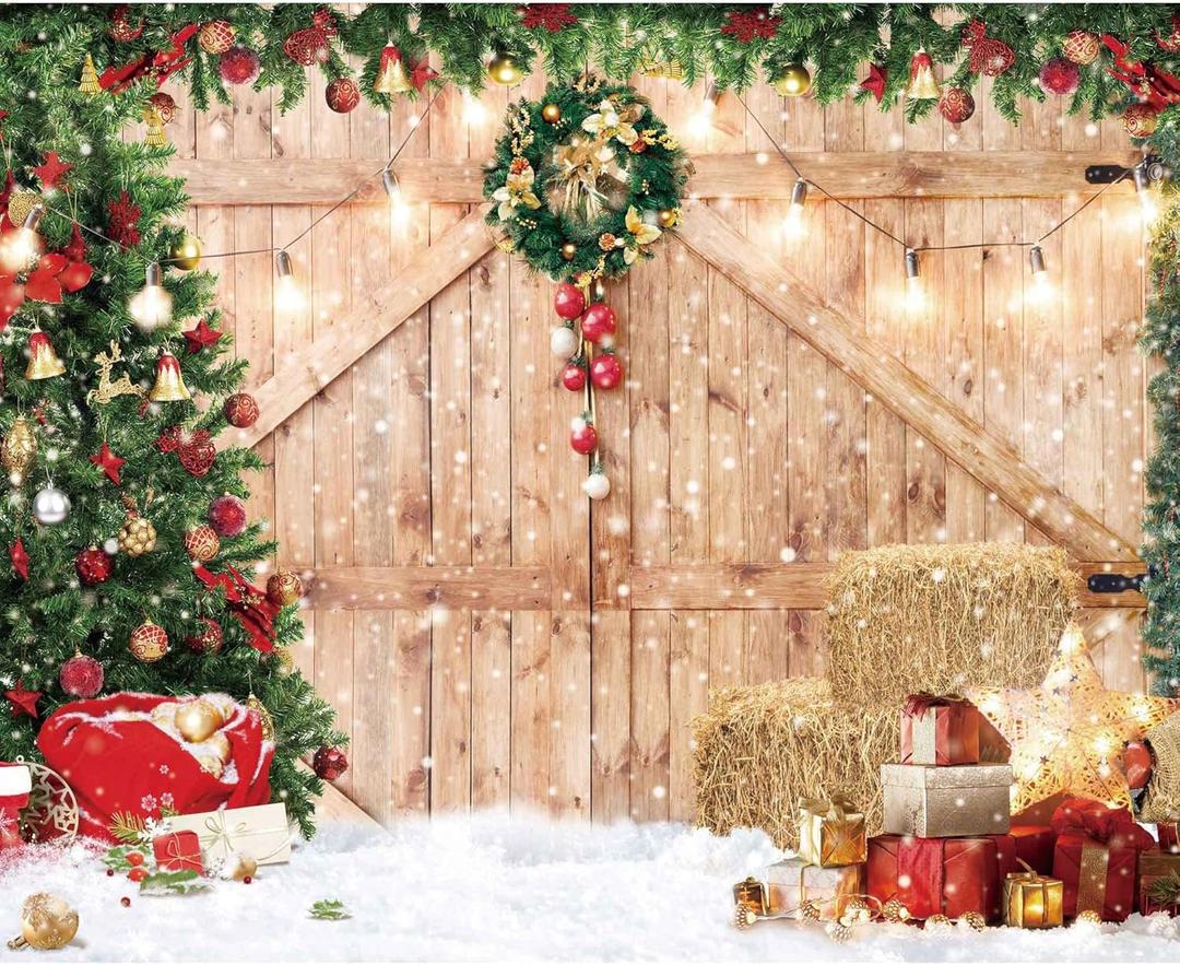 Christmas Backdrop 10x8ft Soft Fabric Rustic Barn Wood Door Backdrop for Photography Xmas Tree Snow Wall Floor Party Photo Background Family Banner Decorations Studio Prop Pictures (10ft by 8ft)