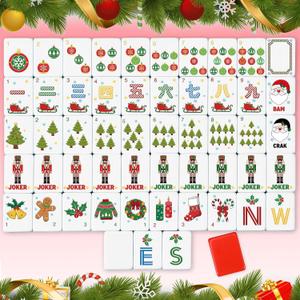 Christmas Theme American Mahjong Tiles Set, 160 Pcs Double Layer Mah Jong Tiles with Red Color for Christmas Mahjong Gifts Game Night Family Night Xmas Party Adult Players, Melamine