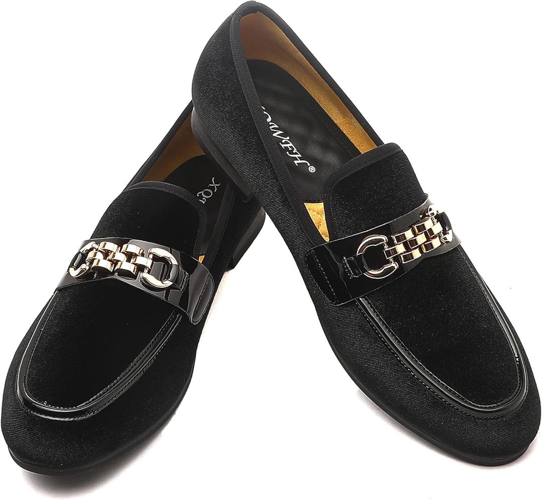 Men's Velvet Loafers,Mens Dress Shoes with Gold Chain, Slip On Flats Smoking Slippers Penny Shoes for Men (12, Black-1)