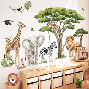 decalmile Large Safari Animals Tree Wall Stickers Jungle Animals Giraffe Elephant Lion Leopard Wall Decals Baby Nursery Kids Room Wall Decor(XXL)
