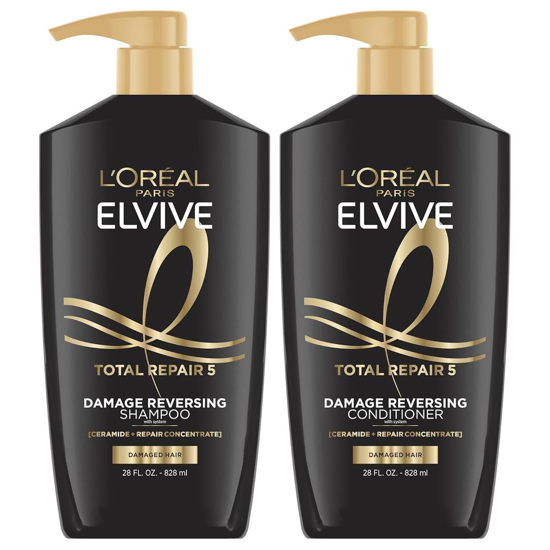 L'Oreal Paris Elvive Total Repair 5 Repairing Shampoo and Conditioner for Damaged Hair, 28 Ounce (Set of 2) (Packaging May Vary)