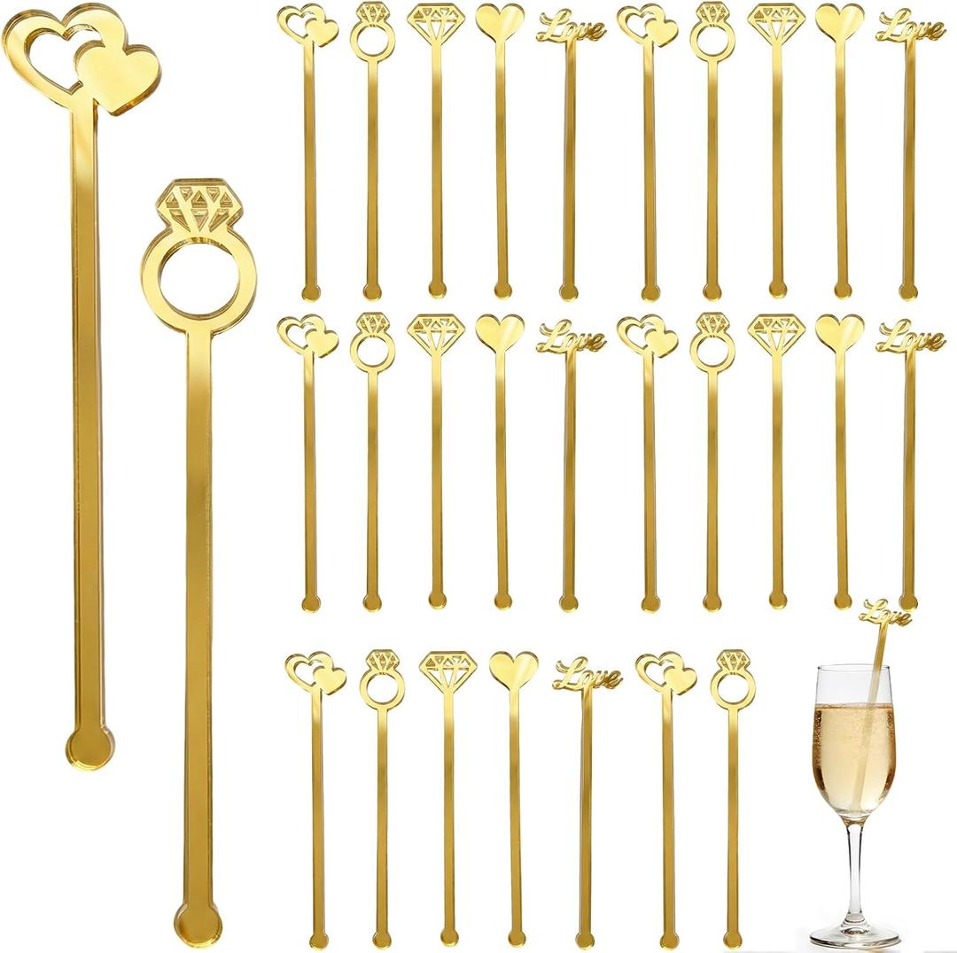 Wedding Drinking Stirrers 50 Pack Gold Swizzle Sticks Drink Mixers for Bridal Shower Bachelorette Party Champagne Acrylic Cocktails Coffee Bar Decoration Reusable Drink Accessories