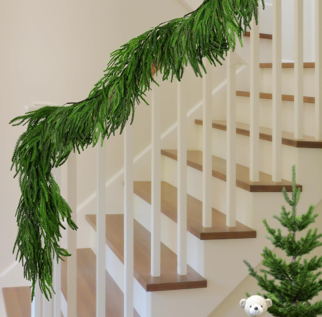 6 Ft Christmas Norfolk Pine Garland, Dense Norfolk Pine Realistic Touch Garland, Artificial Pine Greenery Garlands for Christmas Holiday Mantle Fireplace Table Home Decor