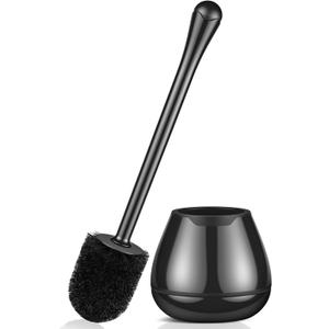 Toilet Brush and Holder with Long Handle, Plastic Holder Easy to Hide, Drip-Proof, Easy to Assemble, Deep Cleaning (Black)