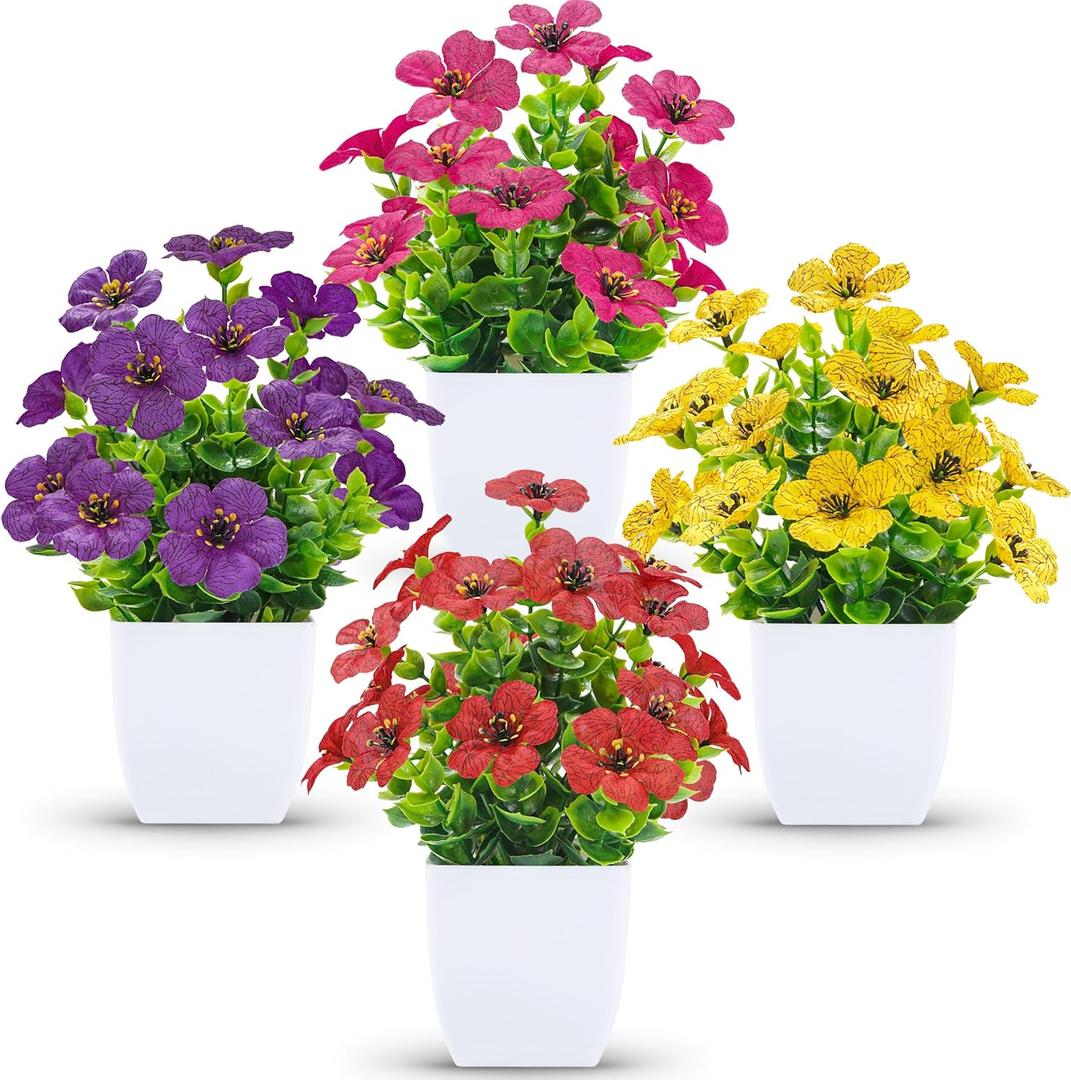 Der Rose 4 Pack Small Fake Plants Mini Artificial Flowers for Bathroom Bedroom Office Desk Shelf Decor, Spring Home Decor (White)