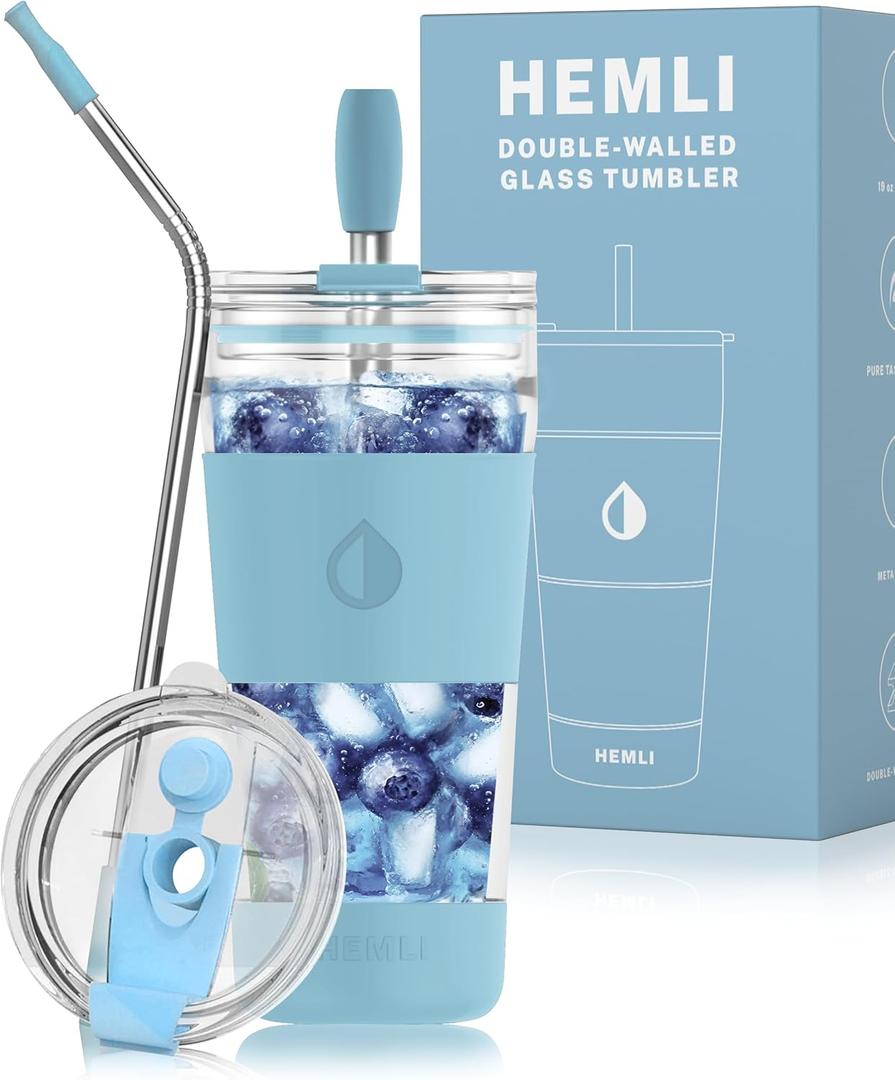 19 oz. Double Wall Glass Coffee Tumbler, To Go Travel Mug with Lid, Portable Glass Thermos with Straw, Reusable Cup, Tea, Smoothies, Ice Coffee, and Boba (Light Blue)
