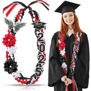 Lyrow 50'' Class of 2025 Graduation Lei Double Braided Necklace Graduation Ribbon Leis with 4 Satin Flowers Congrats Graduates Money Leis Graduate Gift for Men Women (Black)
