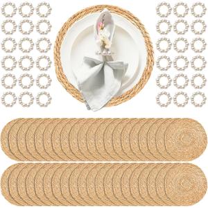 40 Pcs 12 Inch Round Woven Placemats with 20pcs Pearl Napkin RingsRattan Placemats Bulk Boho Woven Chargers Natural Water Hyacinth Place Mat for Wedding Party, Dinner Table