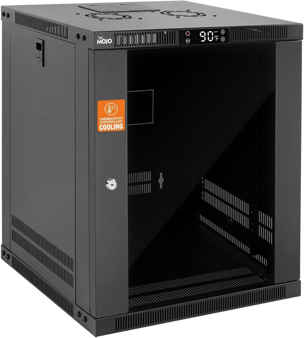 Tecmojo 12U Wall Mount Rack with Thermostat, 17.7inch Depth Enclosed Server Cabinet with 2 Cooling Fans, Lockable Door & Hardware,12U Rack for 19inch Equipment, Glass Door