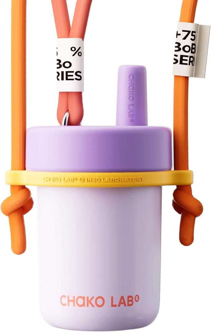 CHAKO LAB Kids Water Bottle with Carrying Rope and Straps | Vacuum Insulated Stainless Steel 16oz for School and Trvels | Two Travel Carrying Options | Taro purple