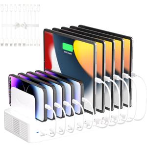 100W Charging Station for Multiple Devices, 10-Port USB Fast Charging Station with Adjustable Dividers & 10 Cables- Multi Device Organizer Charging Dock for iPhone, iPad, Tablets & More(White)