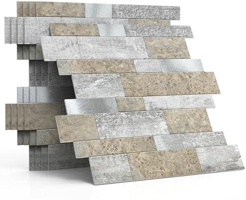 MOFIT Backsplash Tile for Kitchen Peel and Stick Stone Matte Finish,Bathroom Tiles Stickers 3D Wall Panel Linear Mosaic Marble Backsplash Waterproof(10sheets,Castle Brown)