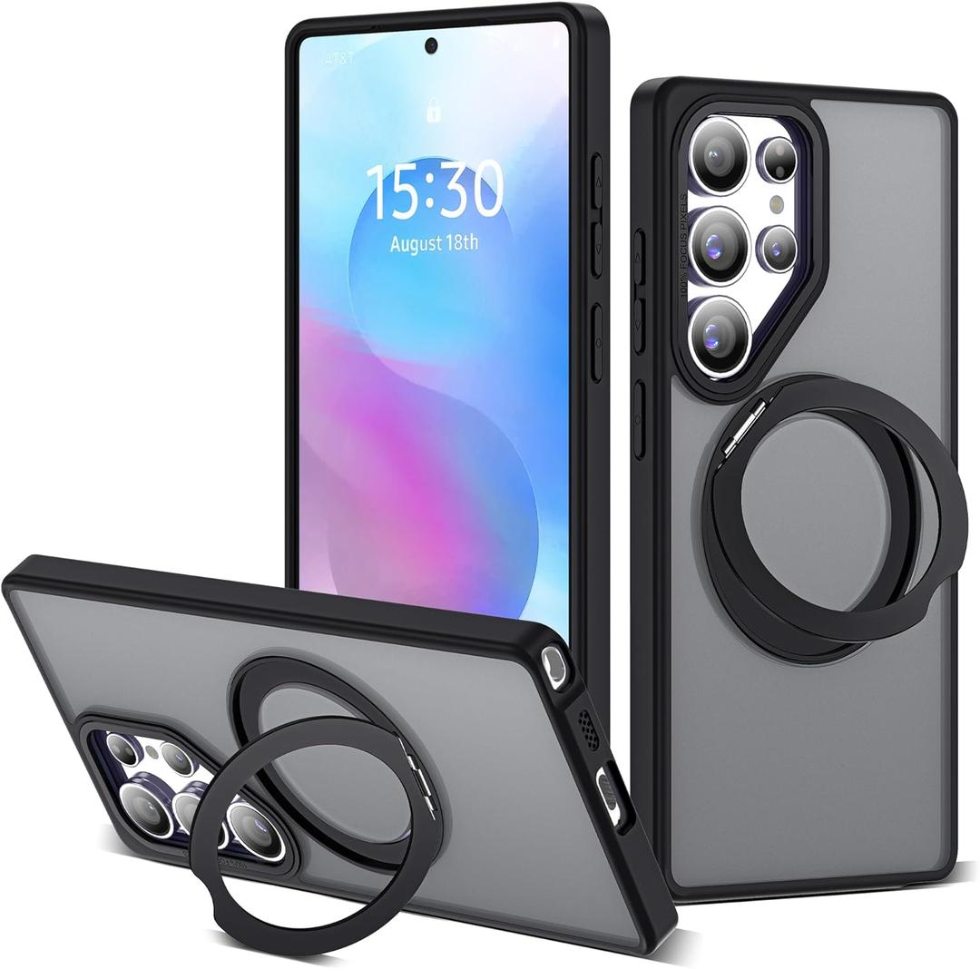 for Samsung Galaxy S25 Ultra Case with 360Rotatable Magnetic Ring Stand Compatible with Mag-Safe Military Protection Shockproof Matte Translucent Phone Cases for S25 Ultra 6.9",Black