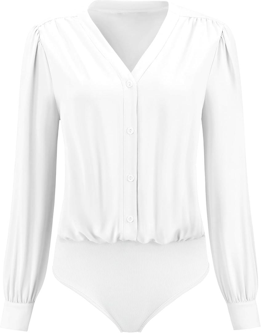 Hobemty Women's Button Down Bodysuit Long Sleeve V Neck Classic Business Work Shirt Top (White, XL)