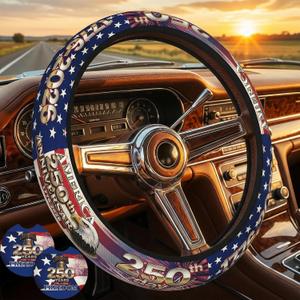 Anniversary American Flag Steering Wheel Cover + 2 Pc USA Flag Car Coasters | Anniversary American Car Men Breathable Universal for 14-15 Inch Anti-Slip