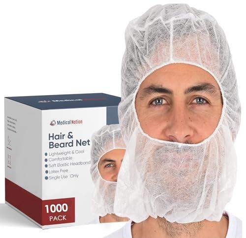 MEDICAL NATION 1000 Disposable Beard and Hair Net | Disposable Bouffant Hoods Caps, Beard Nets, Full Face Hair Nets | Unisex, Universal Size Hairnets for Food Service, Work, Cooking | White, 1000 Case
