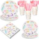 Rtteri 168 Pcs Unicorn 4th Birthday Party Tableware Magical Pastel Rainbow Unicorn Disposable Tableware Set with Plates Napkins Cups Knives Spoons Forks Happy Birthday Party Supplies Serves 24 Guests