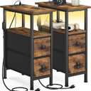 SONGMICS Side Table with LED Light, Narrow End Table with 2 Fabric Drawers, 2 Pack
